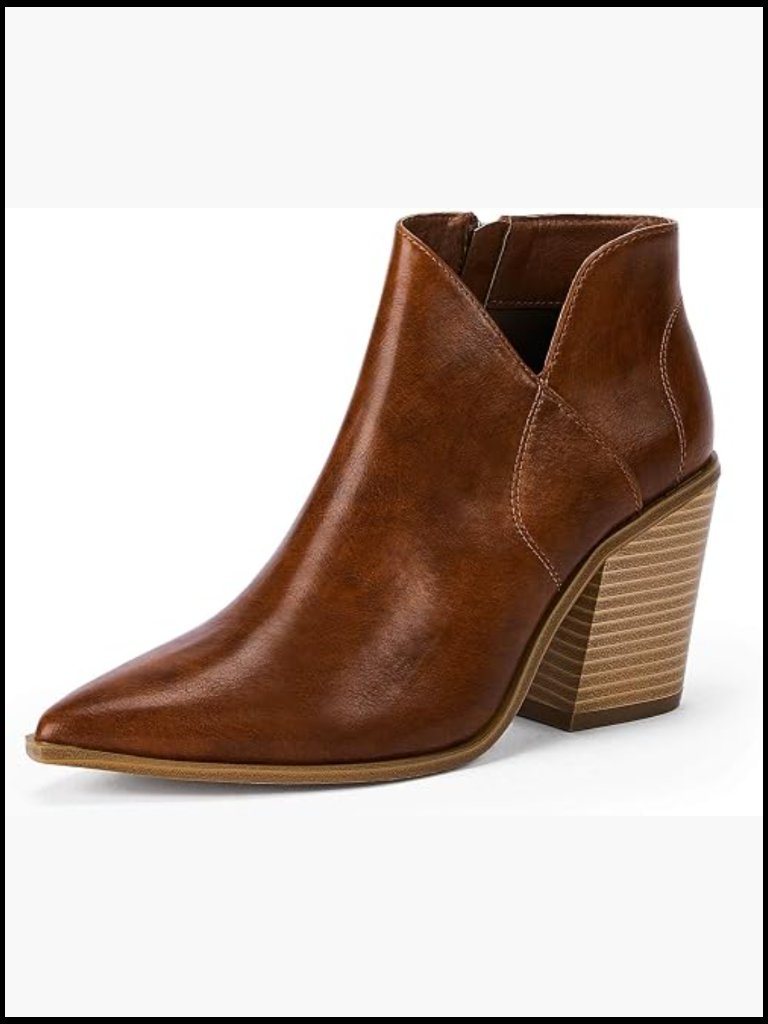 Pointed Toe Ankle Boots Chunky Stacked Heel Side Zipper Fall Booties Trendy